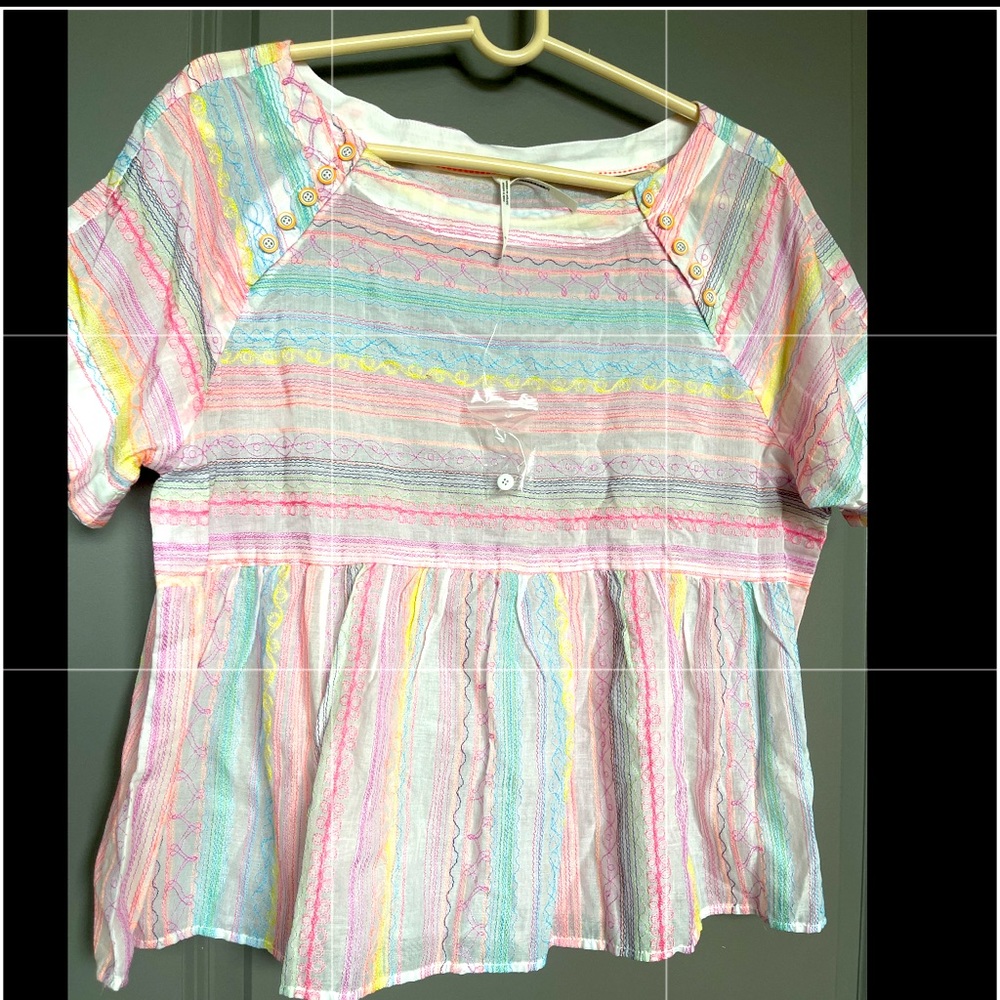 Anthropologie partially sheer rainbow thread babydoll ruffle top blouse small